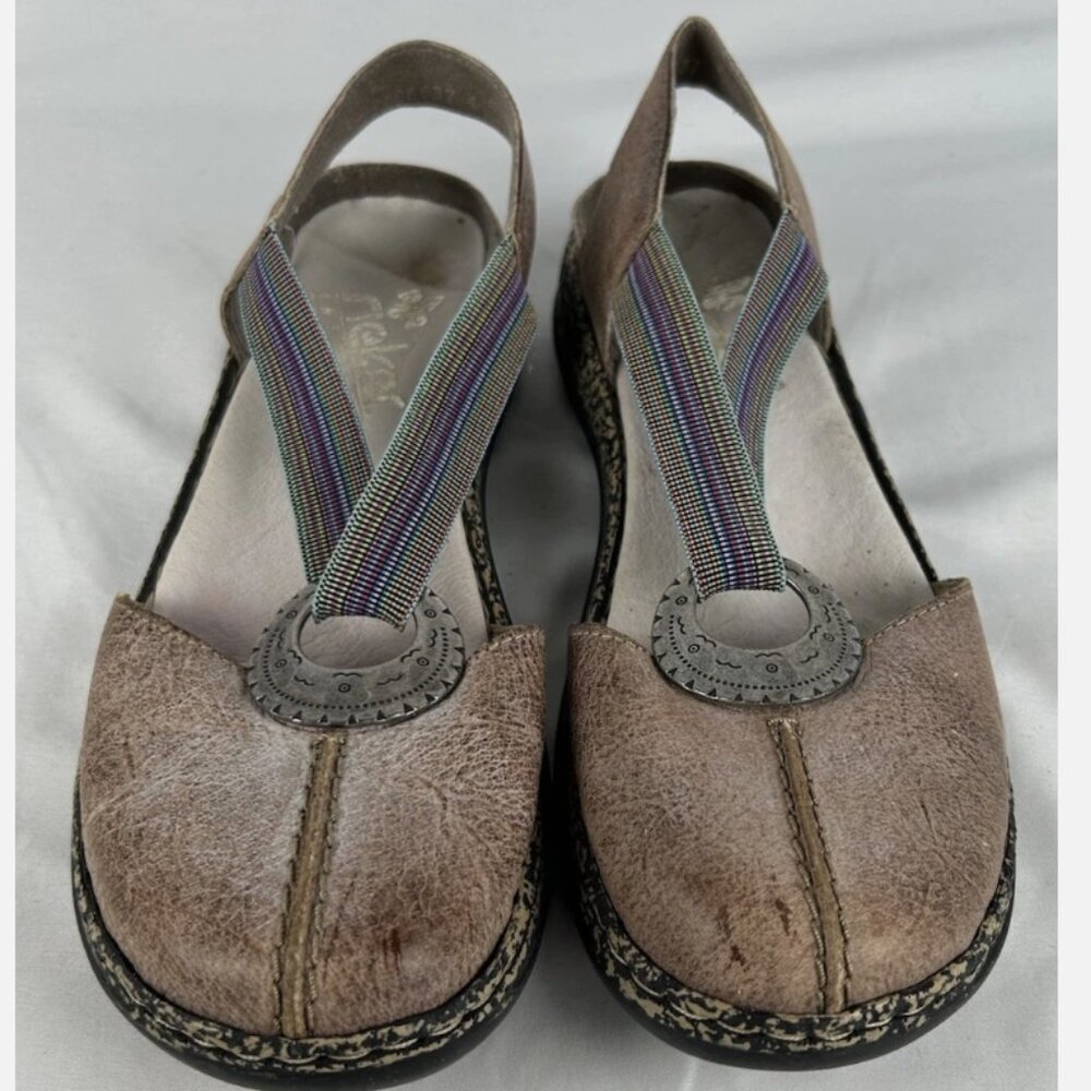 Rieker Regina Brown Leather Closed Toe Sandals Clogs 8 39 Rainbow Stretch Strap